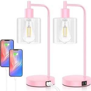 Set of Two Dimmable Pink Industrial Table Lamps